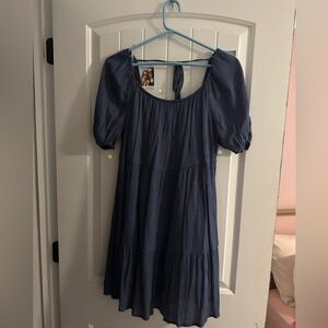 navy blue mini dress mid thigh tie back puff short sleeves evolutionary